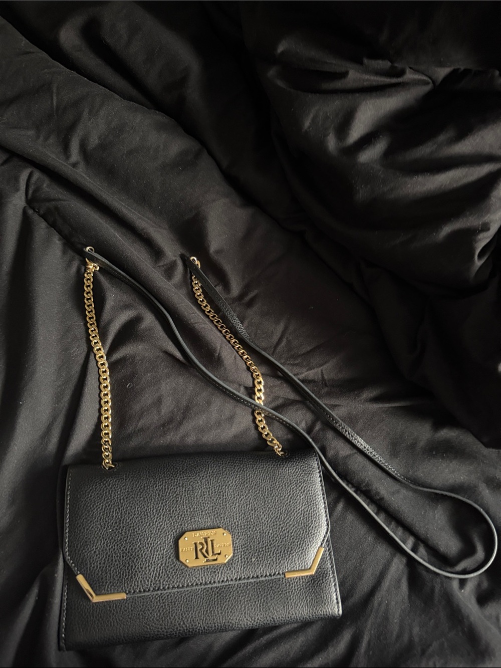 Ralph Lauren Black Leather Crossbody with Gold Hardware and Chain Strap